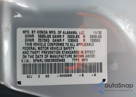 2003 Honda Odyssey Ex-L z USA, uszkodzony, nr VIN 5FNRL189X3B029468